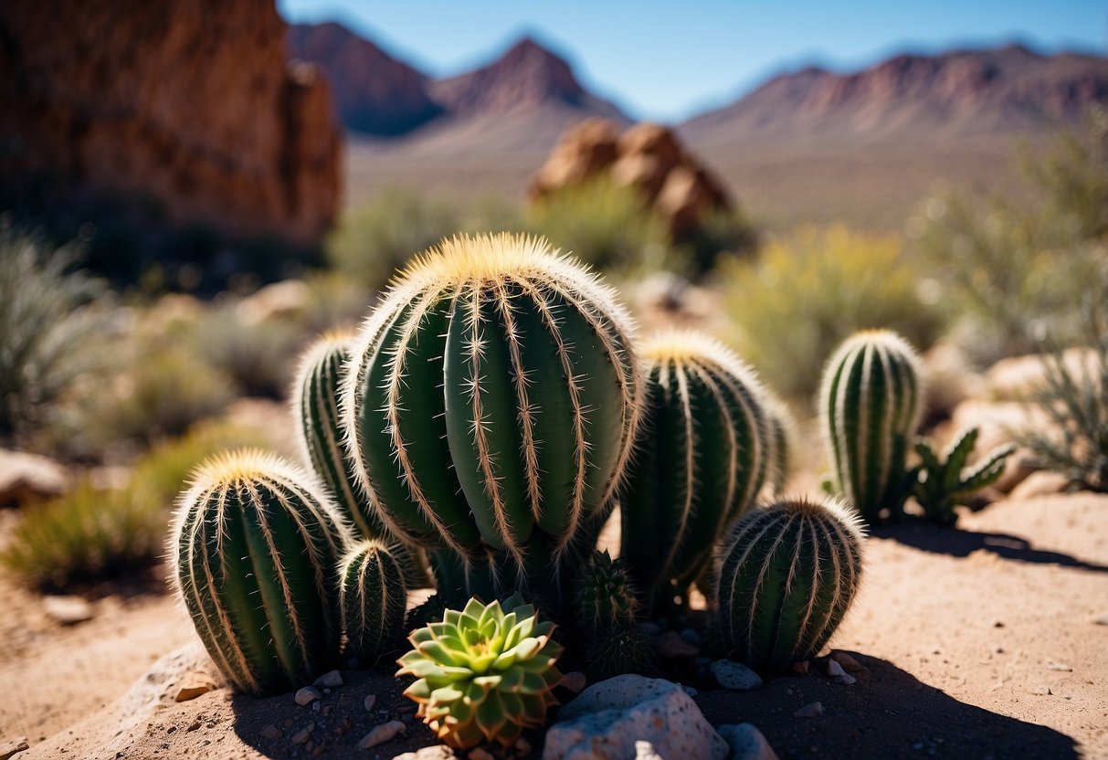 Vibrant cacti and succulents thrive in the arid Arizona landscape, surrounded by rocky terrain and a clear blue sky