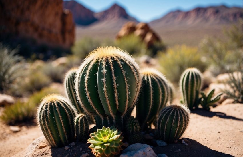 Vibrant cacti and succulents thrive in the arid Arizona landscape, surrounded by rocky terrain and a clear blue sky