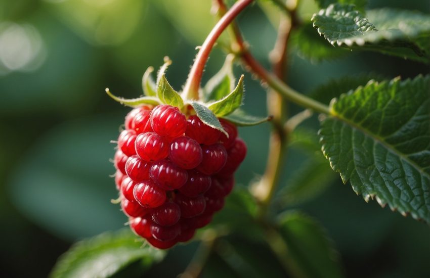 A ripe, red berry resembling a raspberry, nestled among green leaves