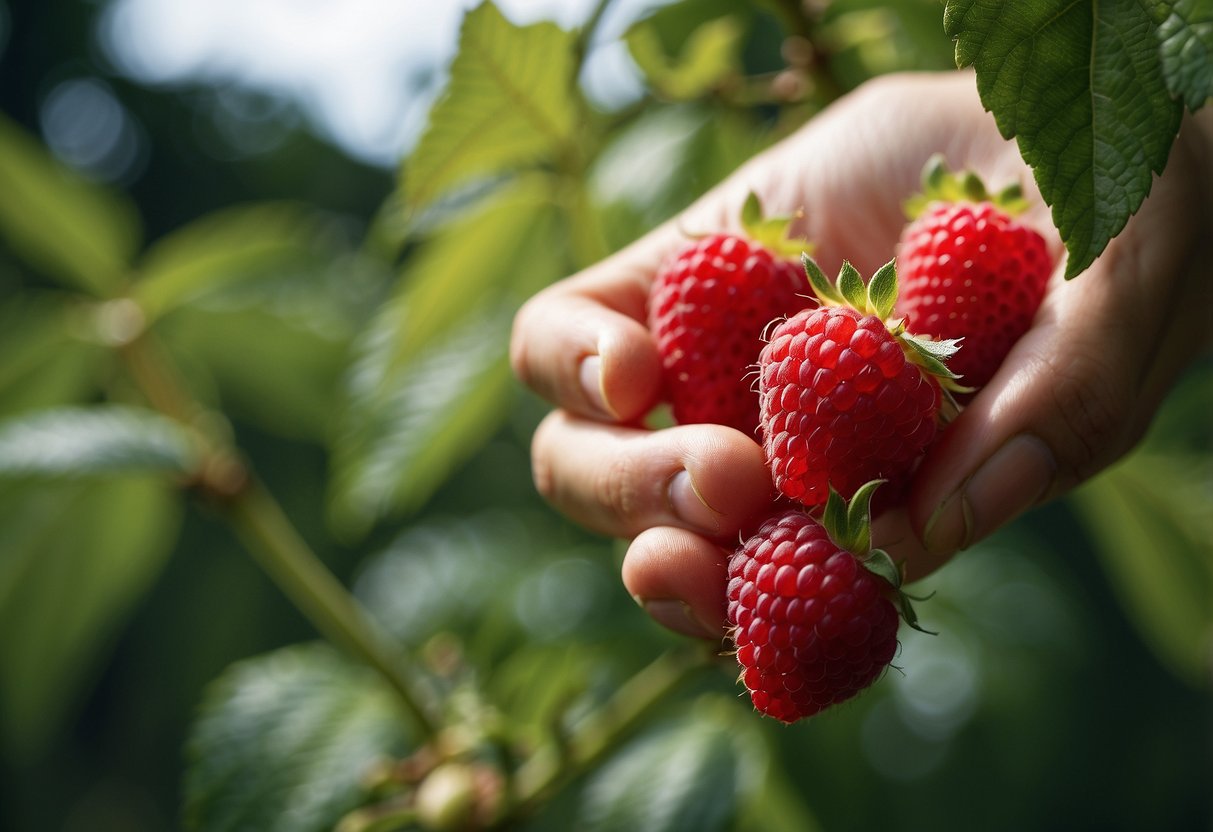 A hand reaches for a ripe, red berry resembling a raspberry amid lush green foliage