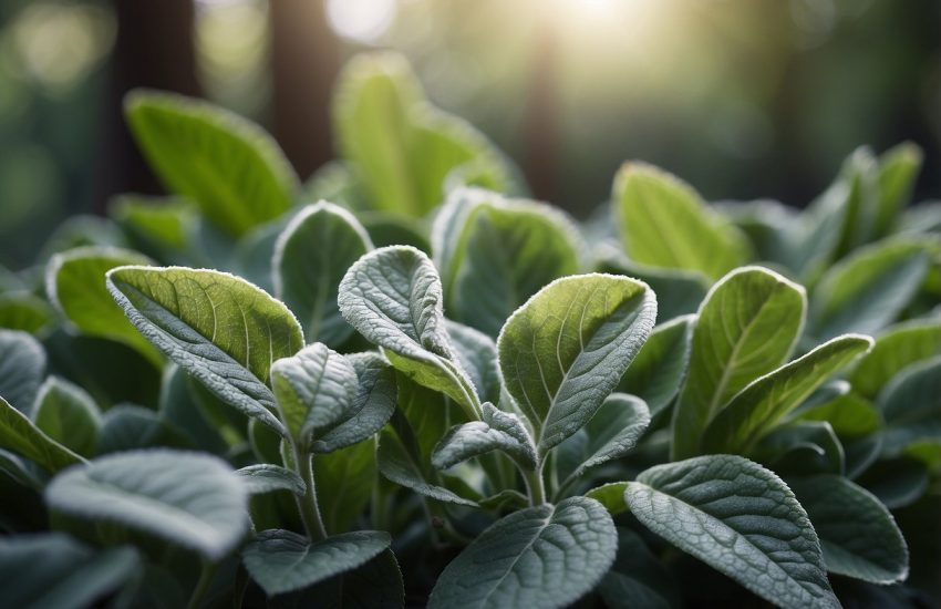 Lush green plants resembling lambs ear, with soft, velvety leaves, growing in a garden or forest setting
