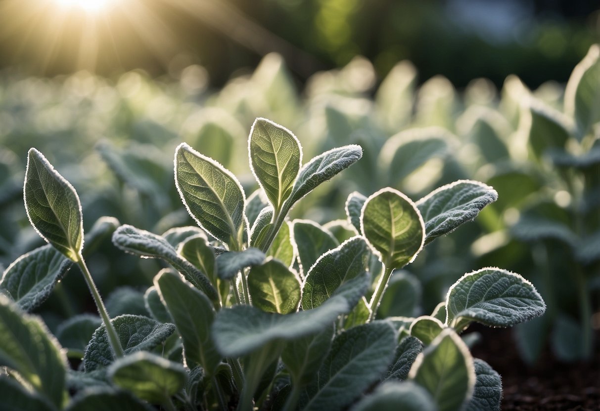 Soft, fuzzy leaves of lamb's ear plants spread across the garden, with silvery-green hues catching the sunlight. Delicate stems reach towards the sky, creating a whimsical and serene atmosphere