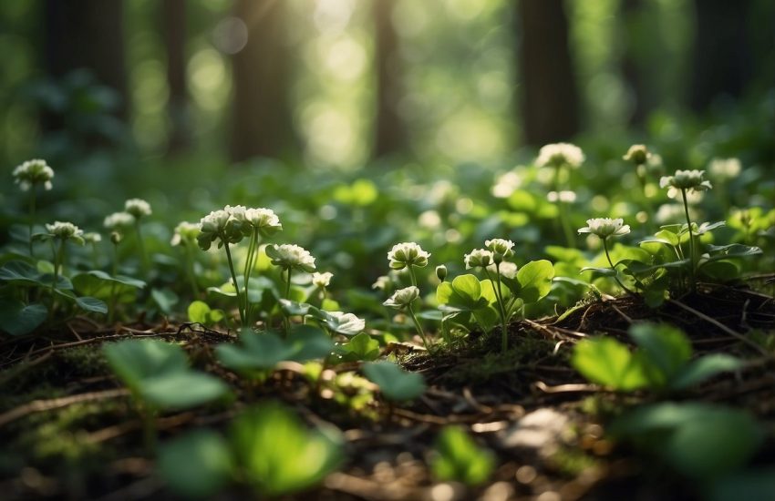 Lush green plants resembling clover cover the forest floor