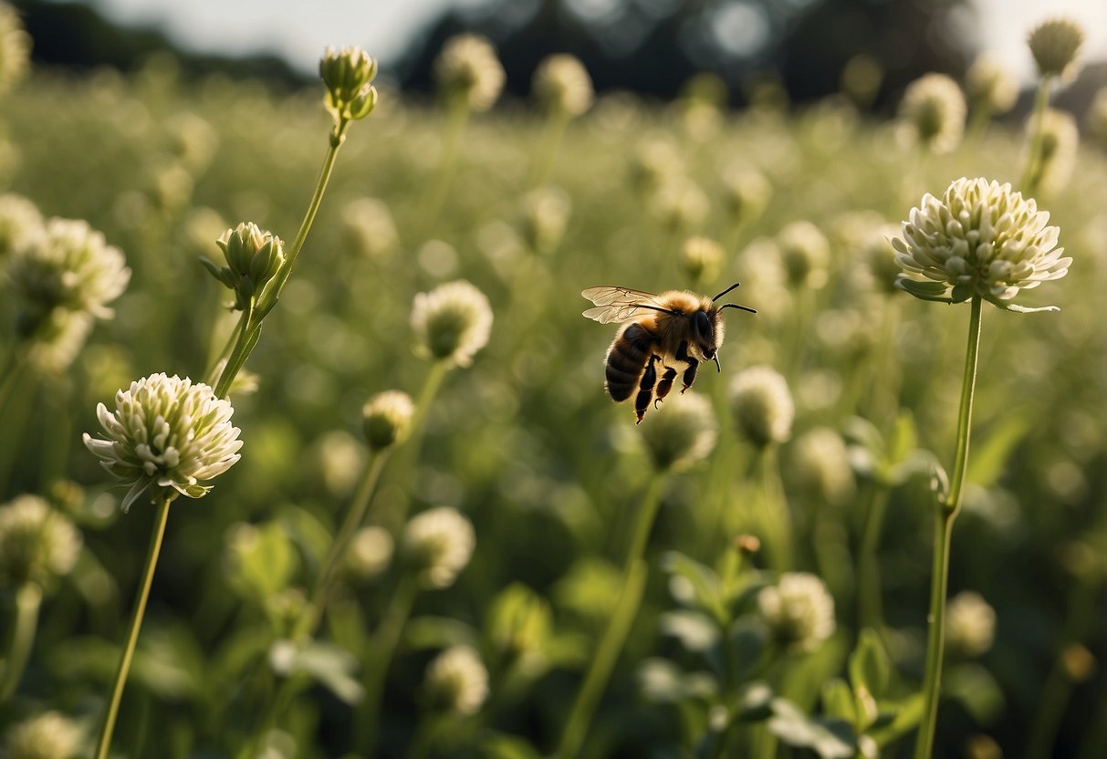 Plants That Look Like Clover: Identifying Similar Species - PlantNative.org Lush green clover-like plants cover the field, with bees buzzing around collecting nectar. Farmers harvest the clover for animal feed and use it as a cover crop to enrich the soil