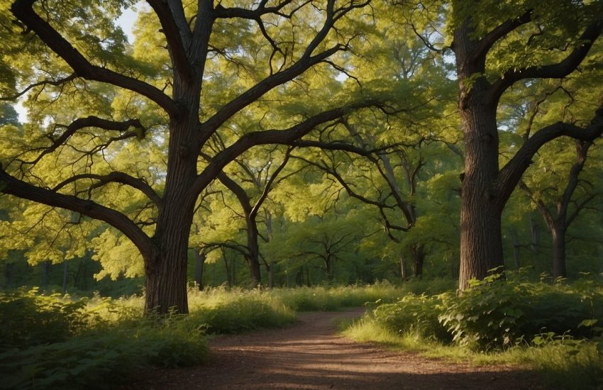 A variety of oak trees stand tall in a Minnesota forest, their leaves ranging from vibrant green to deep red, creating a beautiful and diverse landscape