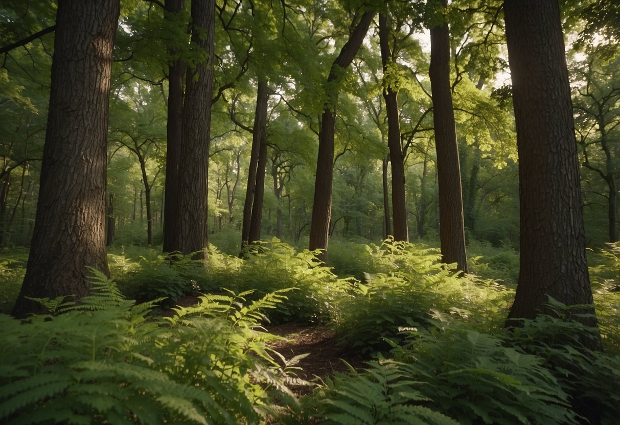 Lush green oak trees stand tall in a Minnesota forest, surrounded by diverse plant life and wildlife. The trees provide a vital habitat for many species and play a crucial role in the local ecosystem