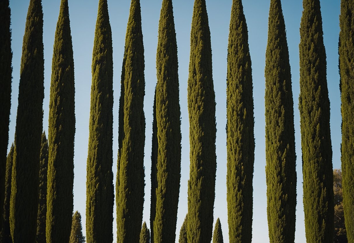 Italian cypress trees stand tall in a row, creating a sense of elegance and structure. Their narrow, columnar shape adds a formal touch to the landscape, but their dense foliage can also block sunlight and create a dark, somber atmosphere