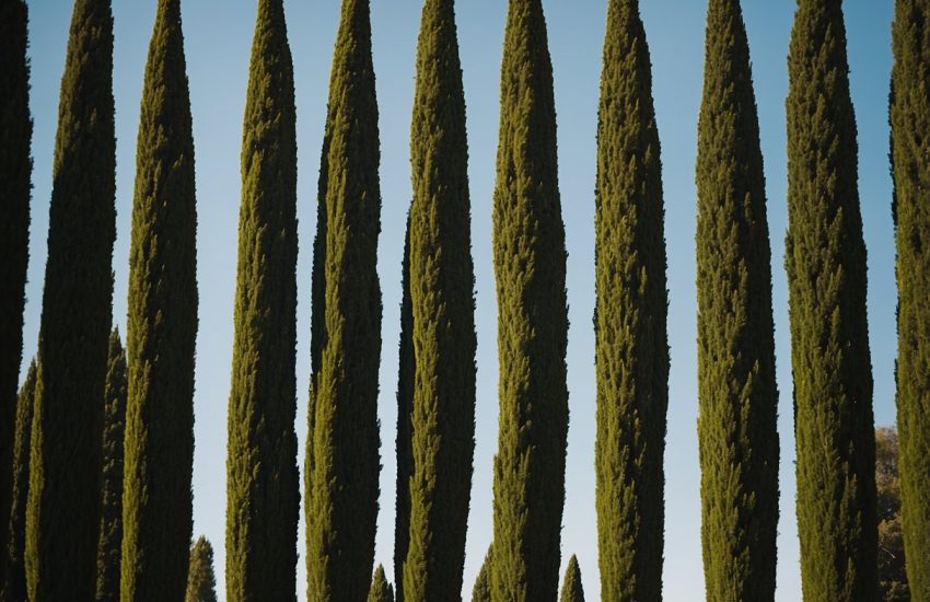Italian cypress trees stand tall in a row, creating a sense of elegance and structure. Their narrow, columnar shape adds a formal touch to the landscape, but their dense foliage can also block sunlight and create a dark, somber atmosphere