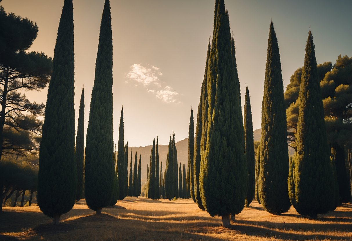 Italian cypress trees stand tall in a sunny, well-drained area. Pros include elegant appearance and drought tolerance, while cons include susceptibility to pests and diseases