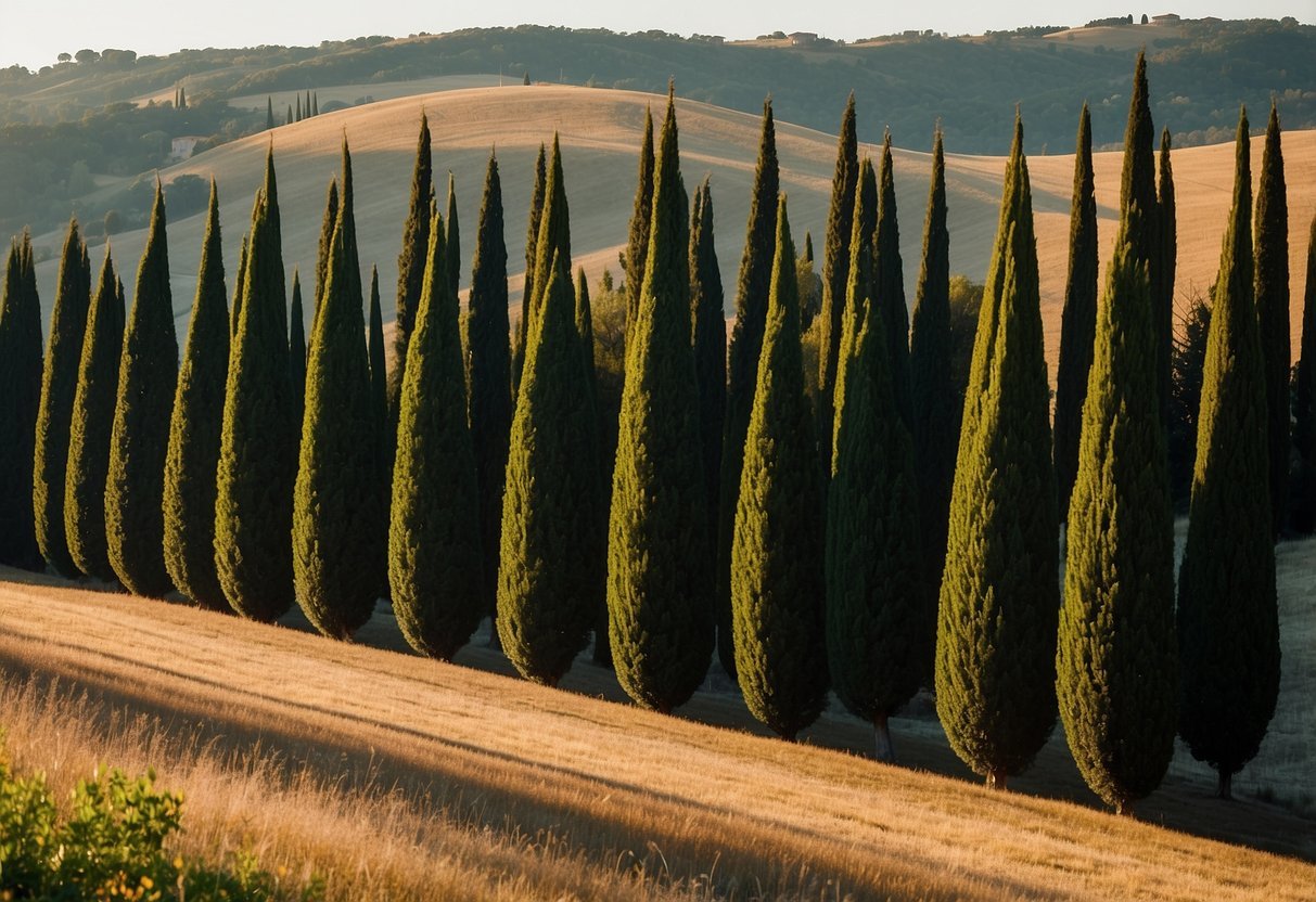 Italian cypress trees stand tall in a row, casting long shadows in the late afternoon sun. Their slender, conical shapes create a sense of elegance and formality, but their dense foliage can also block out light and create a dark, somber