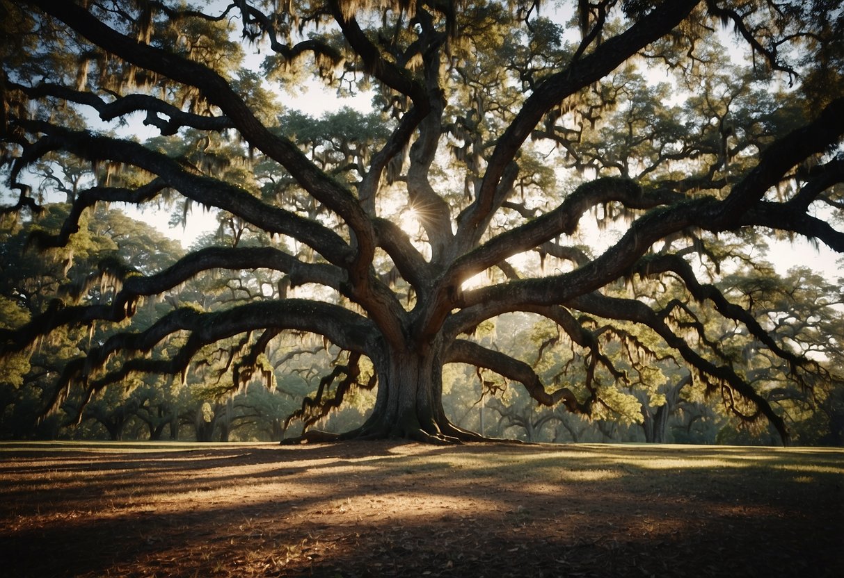 The majestic oak trees of Louisiana stand tall and proud, their sprawling branches reaching out to touch the sky, while their gnarled trunks tell stories of centuries past