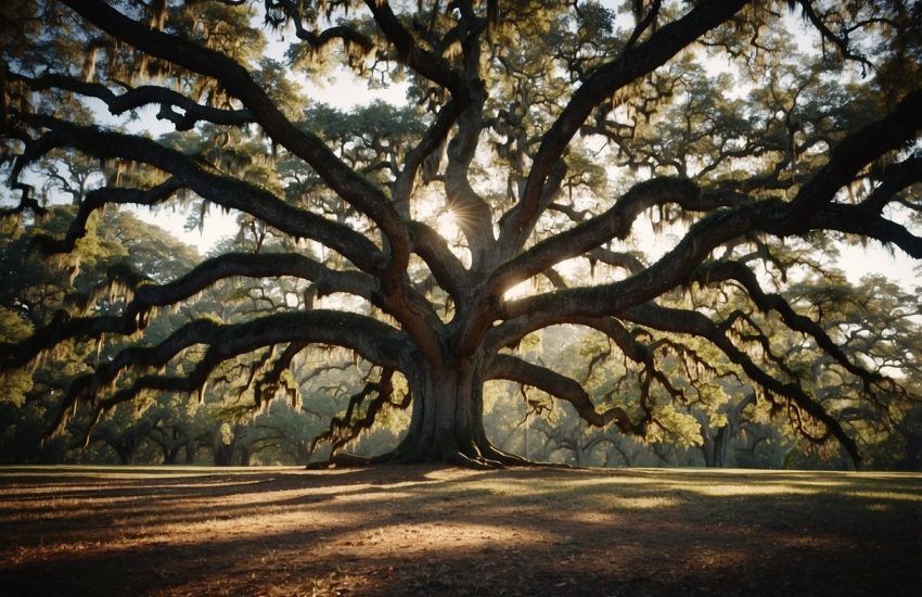 The majestic oak trees of Louisiana stand tall and proud, their sprawling branches reaching out to touch the sky, while their gnarled trunks tell stories of centuries past