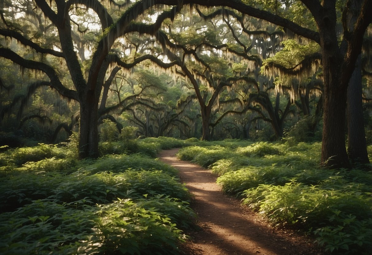 A lush forest in Louisiana showcases a variety of oak trees, with different shapes, sizes, and shades of green leaves