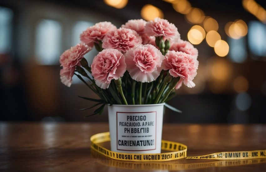 A bouquet of carnations sits on a table, surrounded by warning signs and caution tape