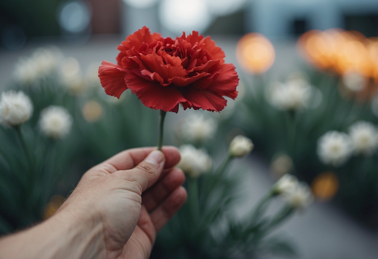 Are Carnations Toxic to Humans? What You Need to Know - PlantNative.org A hand holding a wilted carnation, with a caution sign in the background