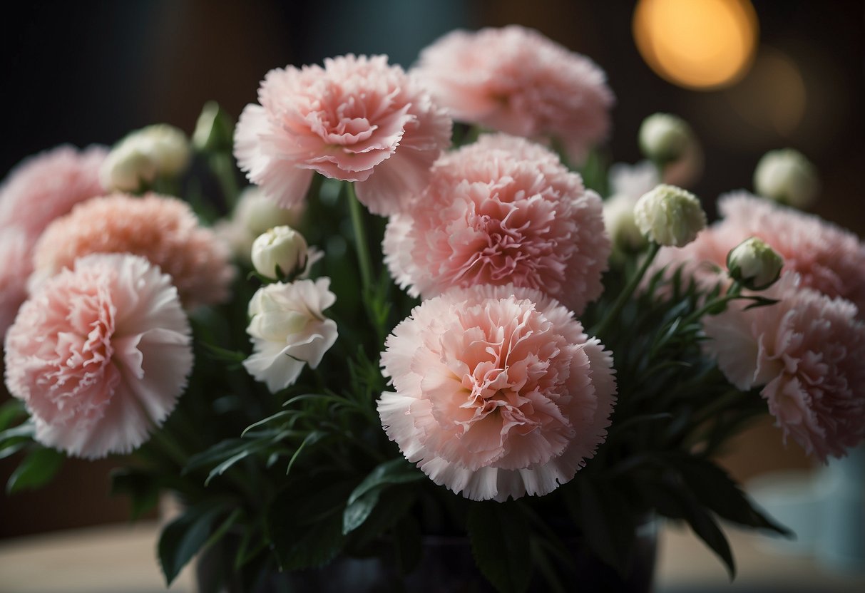 A bouquet of vibrant carnations sits on a table, surrounded by other flowers and foliage