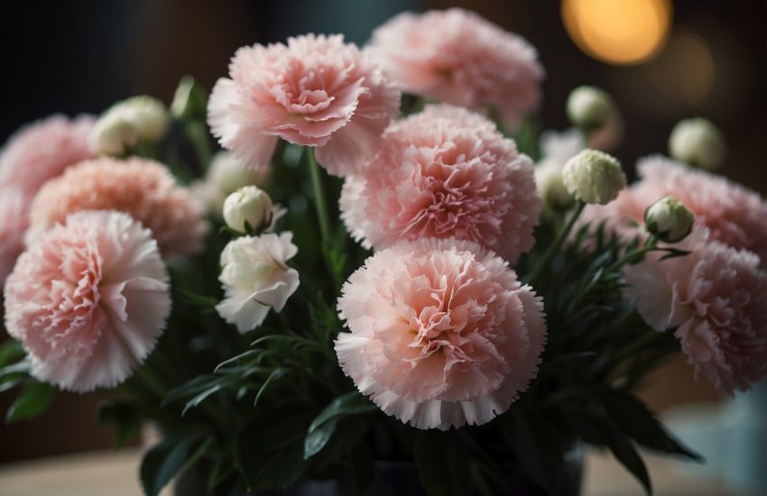 A bouquet of vibrant carnations sits on a table, surrounded by other flowers and foliage