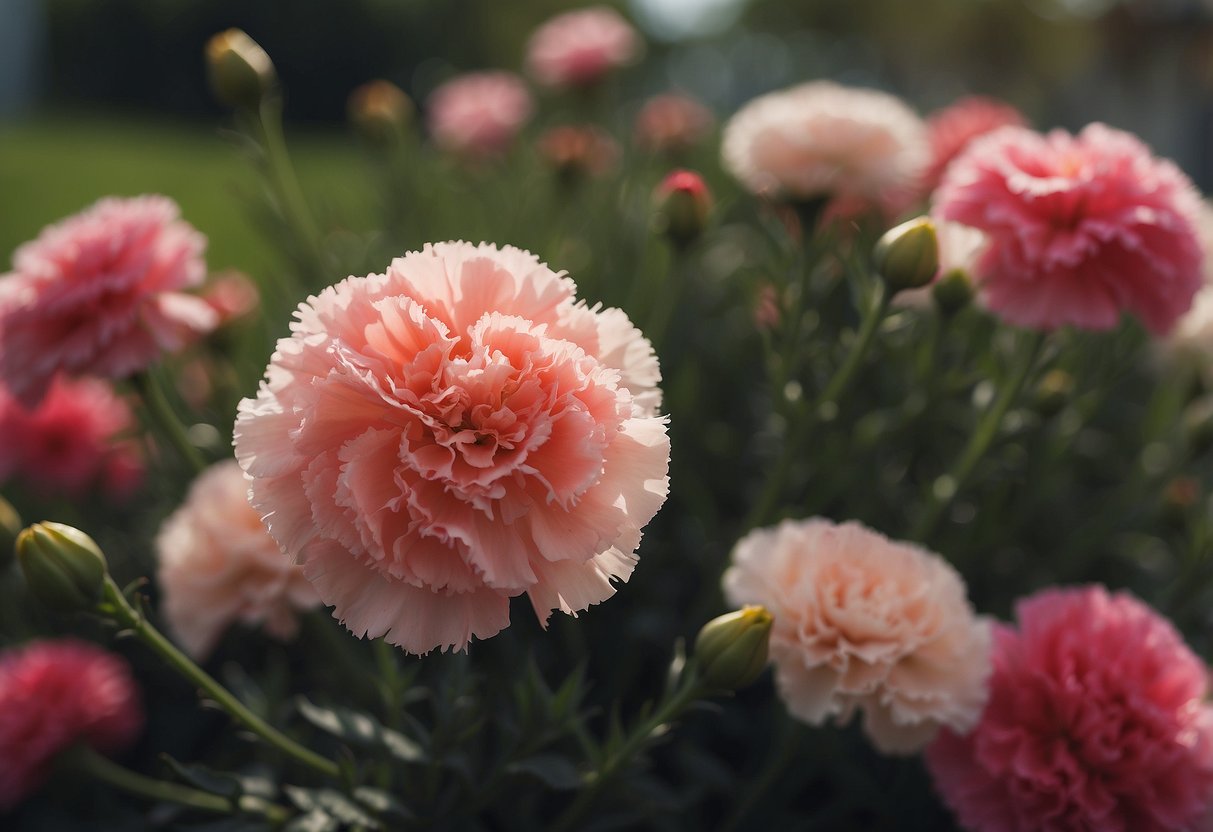 Vibrant carnations bloom in a garden, while a bouquet of carnations brightens a home. No humans or body parts are present