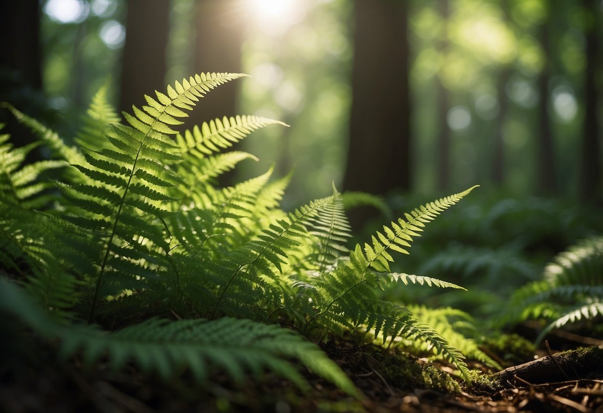 Lush green fern-like plants cover the forest floor, their delicate fronds reaching towards the dappled sunlight filtering through the canopy above