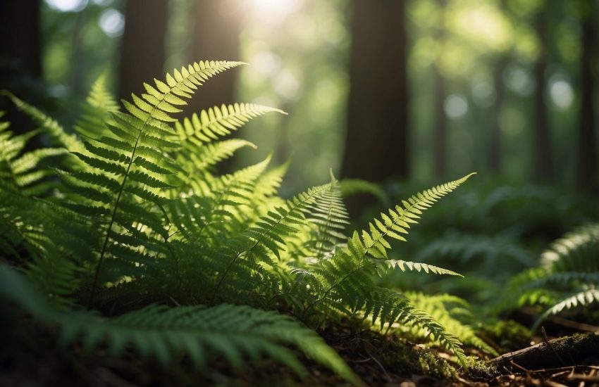 Lush green fern-like plants cover the forest floor, their delicate fronds reaching towards the dappled sunlight filtering through the canopy above