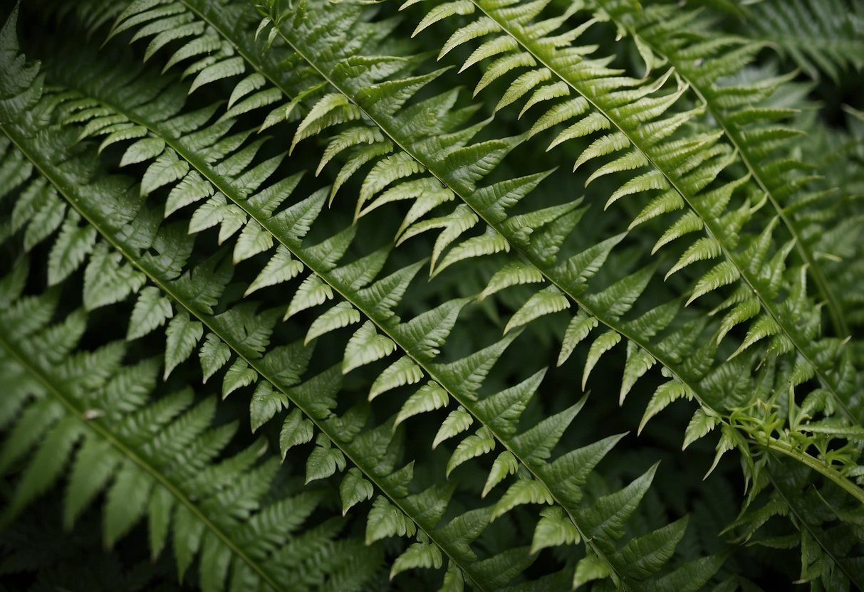 Lush green foliage of fern-like plants, delicate fronds unfurling from a central stem, creating a symmetrical and intricate pattern