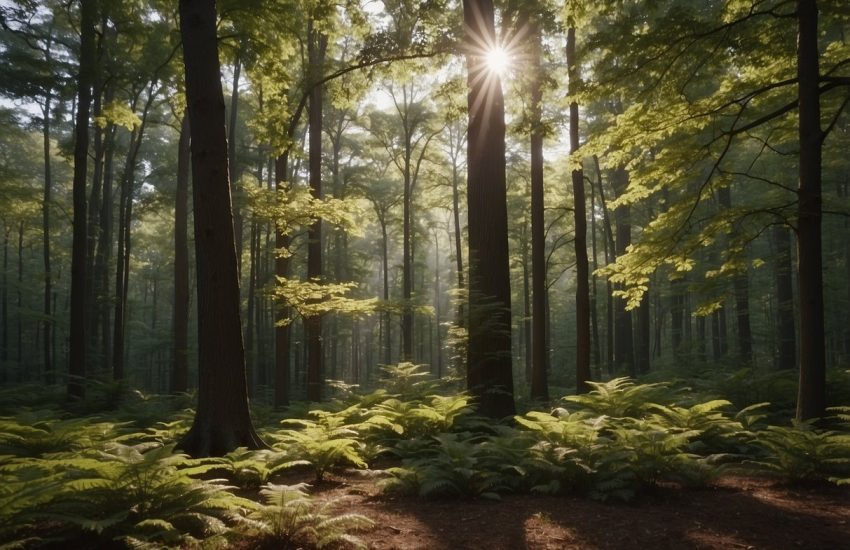A variety of trees, including oak, maple, and pine, stand tall in a New Jersey forest