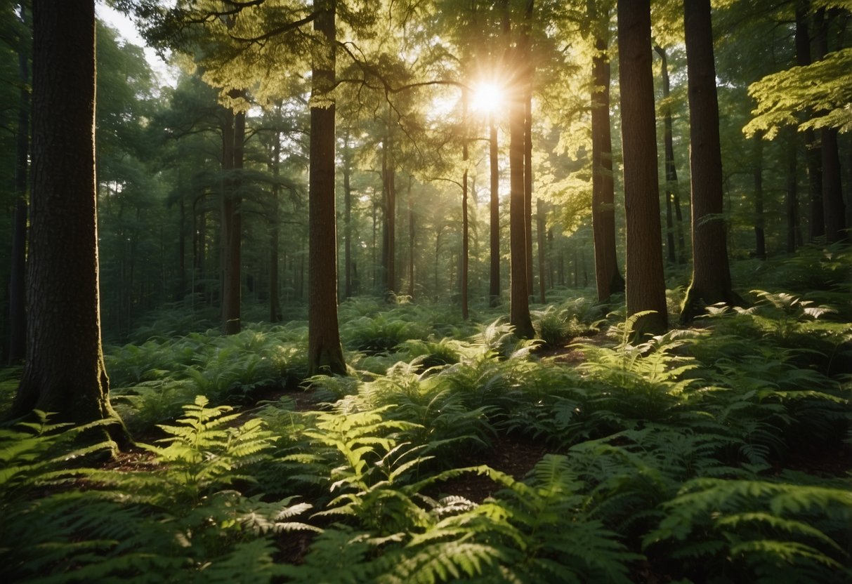 Types of Trees in NJ: A Comprehensive Guide to the Native Flora of New Jersey - PlantNative.org Lush forest with oak, maple, and pine trees. Sunlight filters through the dense canopy, illuminating the vibrant green foliage below