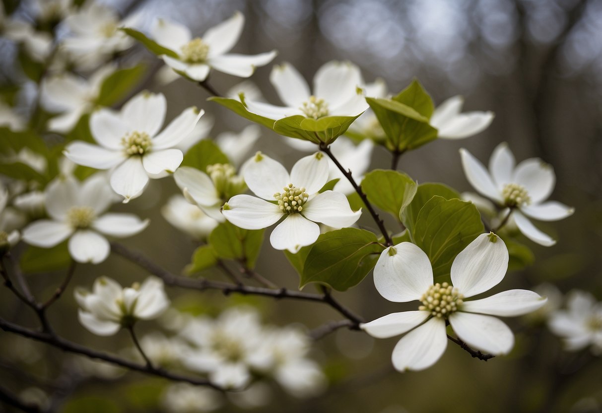 Dogwood trees bloom in spring, showcasing delicate white flowers. Pros include their beauty and wildlife attraction. Cons include susceptibility to disease and limited lifespan