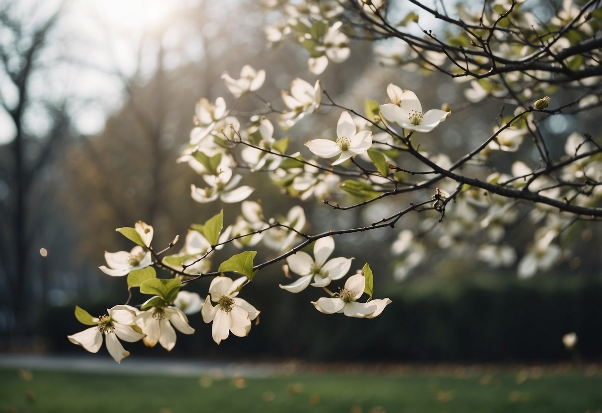 A dogwood tree with wilting leaves and sparse blooms, surrounded by fallen petals and littered branches