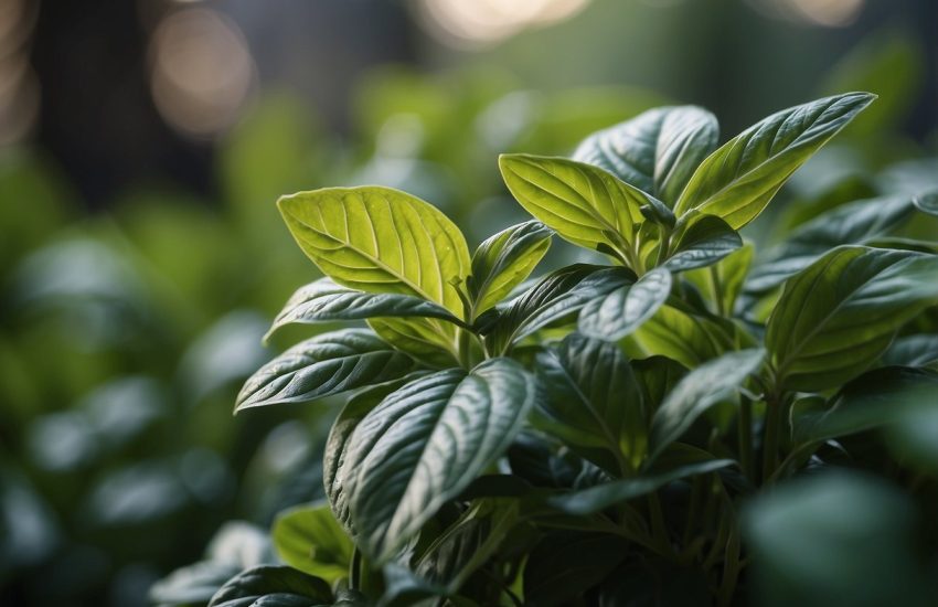 Lush green plants resembling basil leaves, with distinct veins and a fresh, aromatic scent