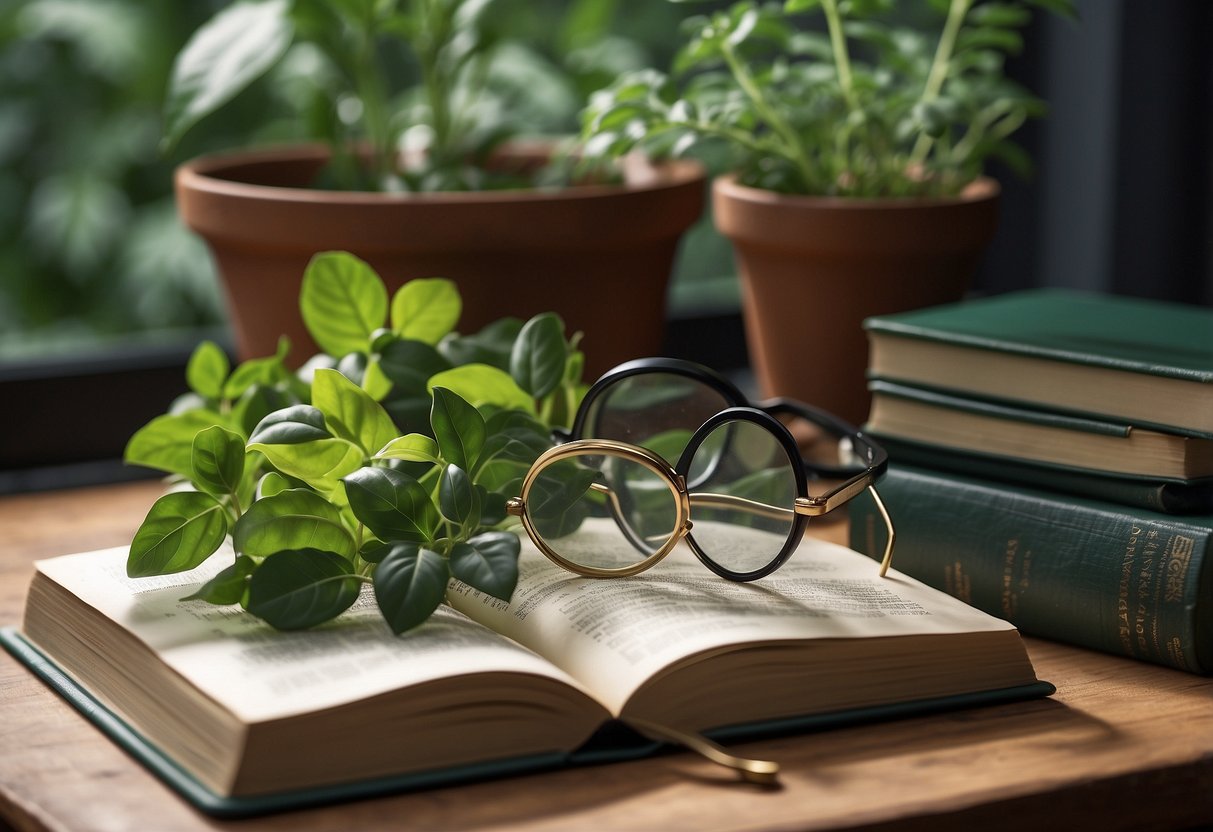 Plants That Look Like Basil: A Guide to Identifying Similar Species - PlantNative.org A table with various leafy plants, some resembling basil, surrounded by botanical reference books and magnifying glasses