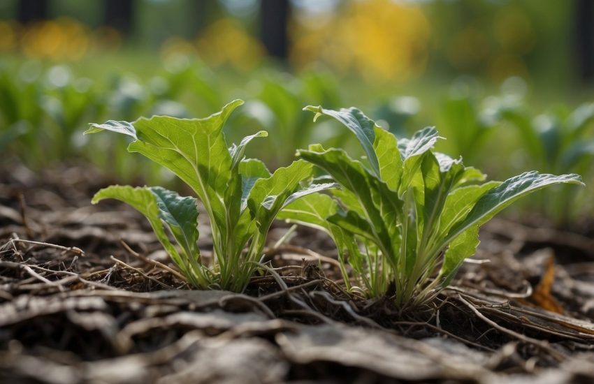 Vibrant pumpkin-like weeds sprawl across the ground. Their large, jagged leaves reach out in all directions, creating a striking and unique visual display