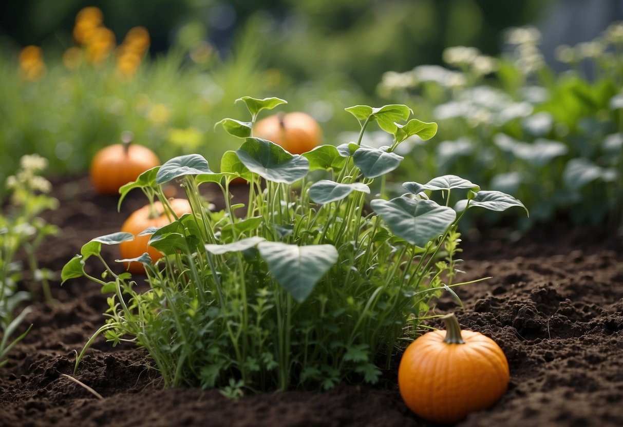 A garden with various weeds, some with large, round, pumpkin-like leaves