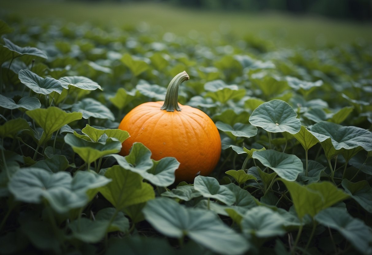 Lush pumpkin leaves surrounded by invasive look-alike weeds