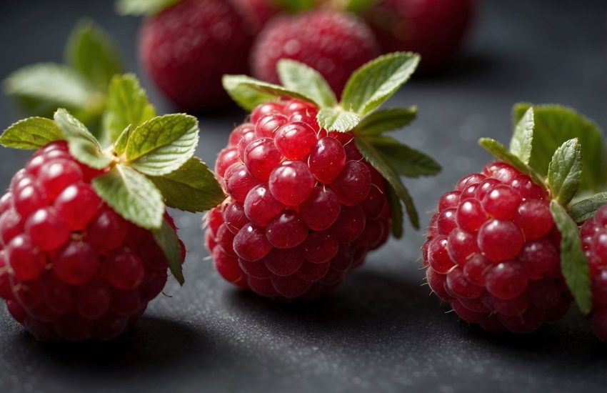 A small, round fruit with a textured surface, deep red in color, resembling a raspberry