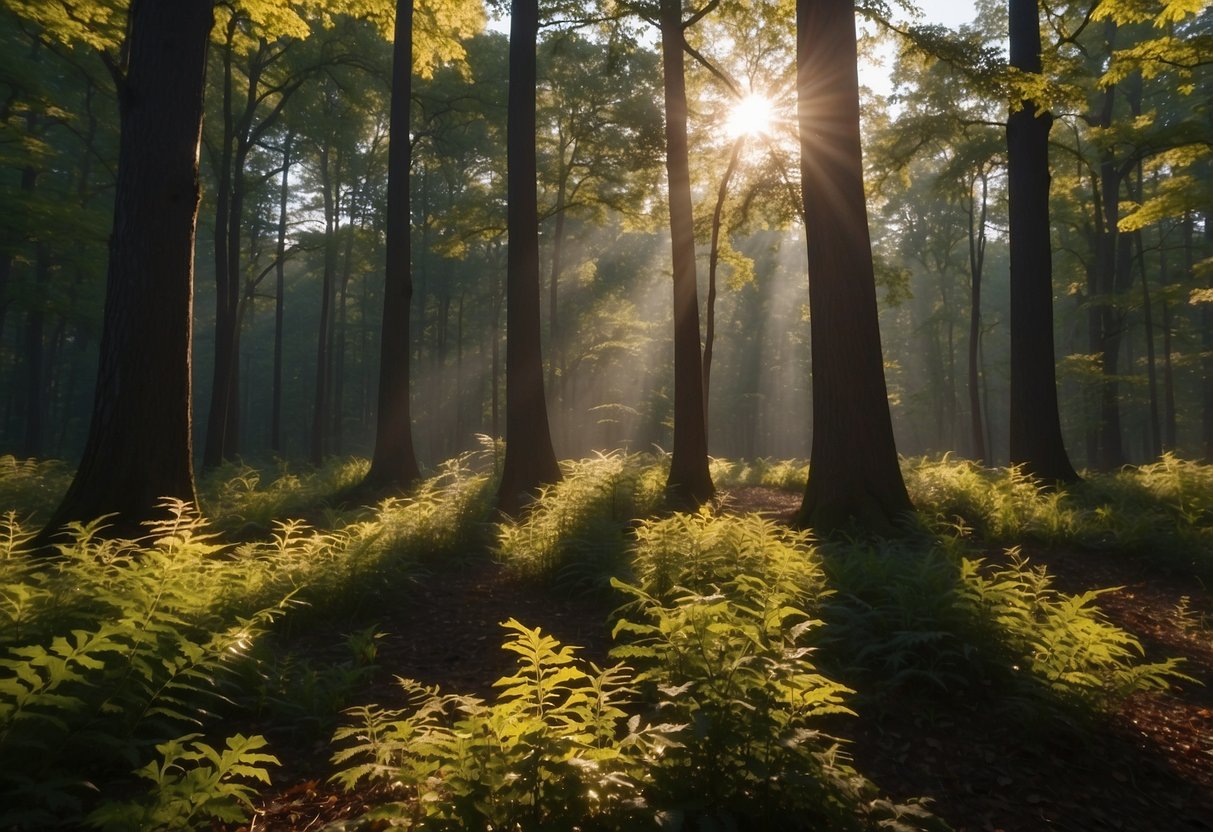 A group of red oak trees stand tall in a forest, their leaves rustling in the wind. The sun shines through the branches, casting dappled shadows on the ground below