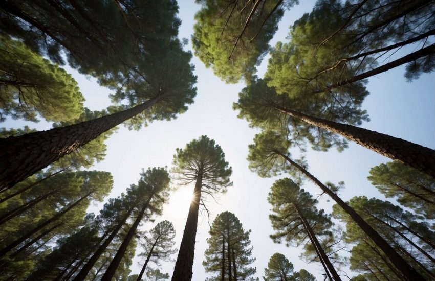 Tall pine trees stand proudly in the Alabama forest, their green needles reaching towards the sky as the sunlight filters through the branches