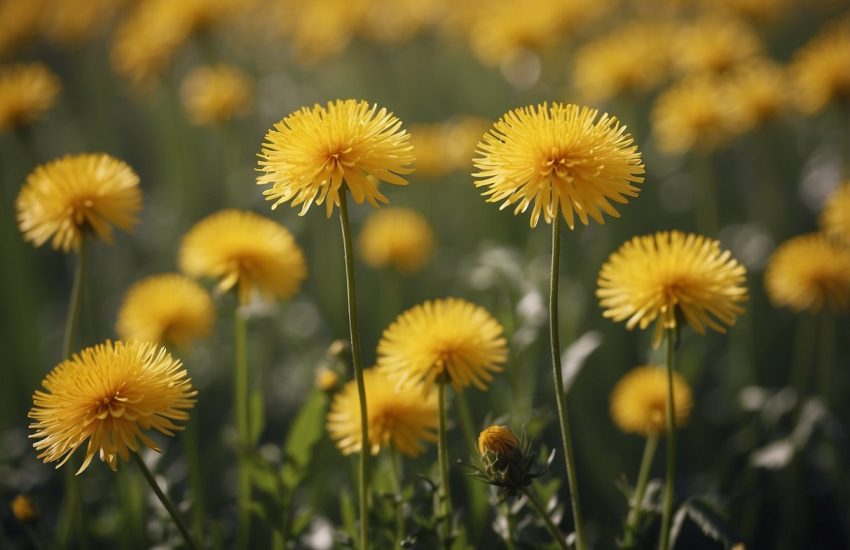 A field of yellow flowers sways in the breeze, resembling dandelions, with delicate petals and long, slender stems