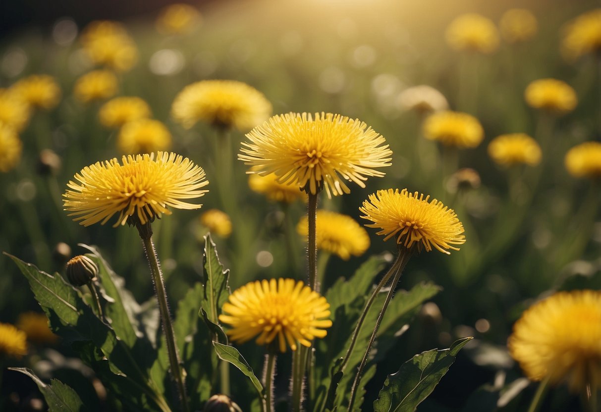 Yellow flowers, like dandelions, in a sunny field for culinary and medicinal uses