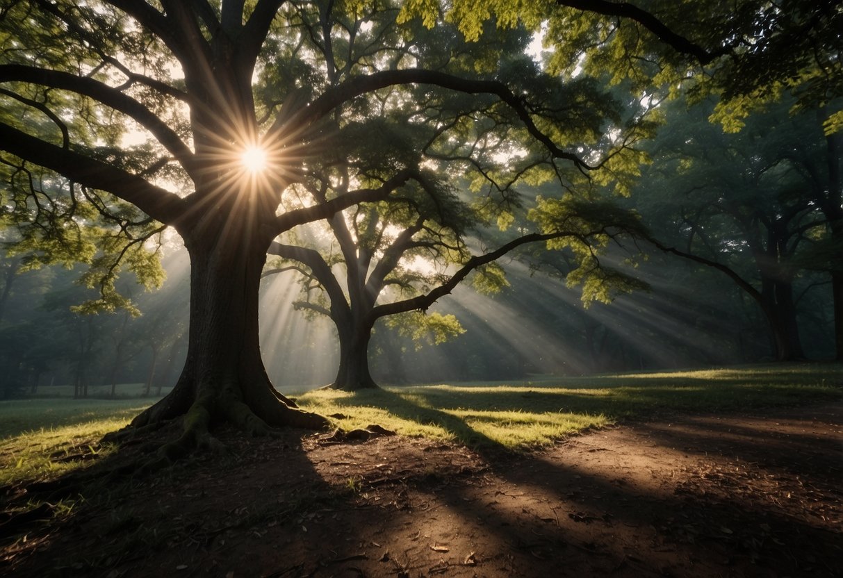 Sunlight filters through the dense canopy of ancient oak trees in Kentucky, casting dappled shadows on the forest floor