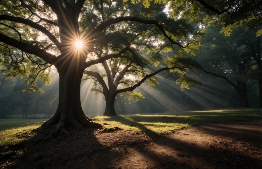 Sunlight filters through the dense canopy of ancient oak trees in Kentucky, casting dappled shadows on the forest floor
