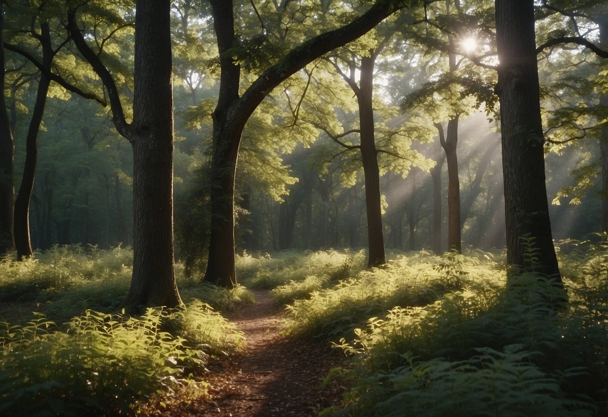 A dense forest of towering oak trees in Kentucky, with a variety of bird species nesting in the branches and small mammals scurrying among the underbrush