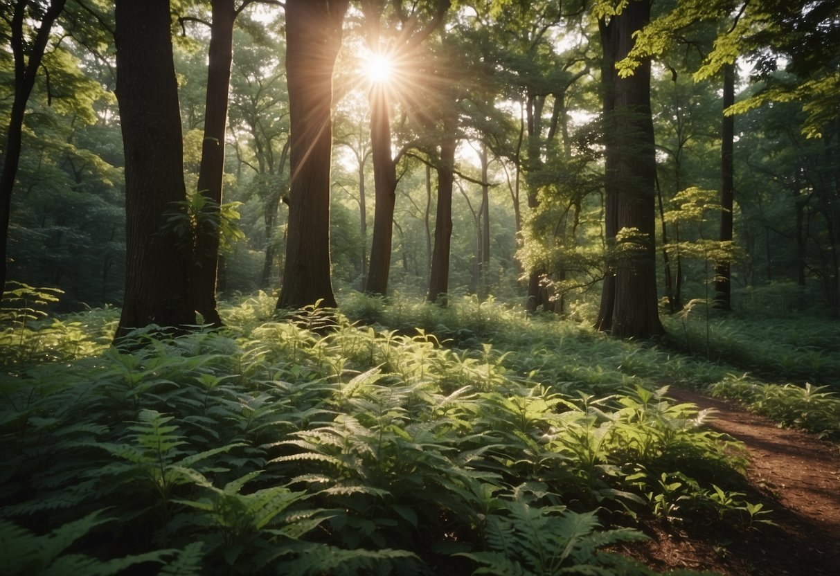 A lush Kentucky forest with mature oak trees, surrounded by a diverse understory of native plants and wildlife
