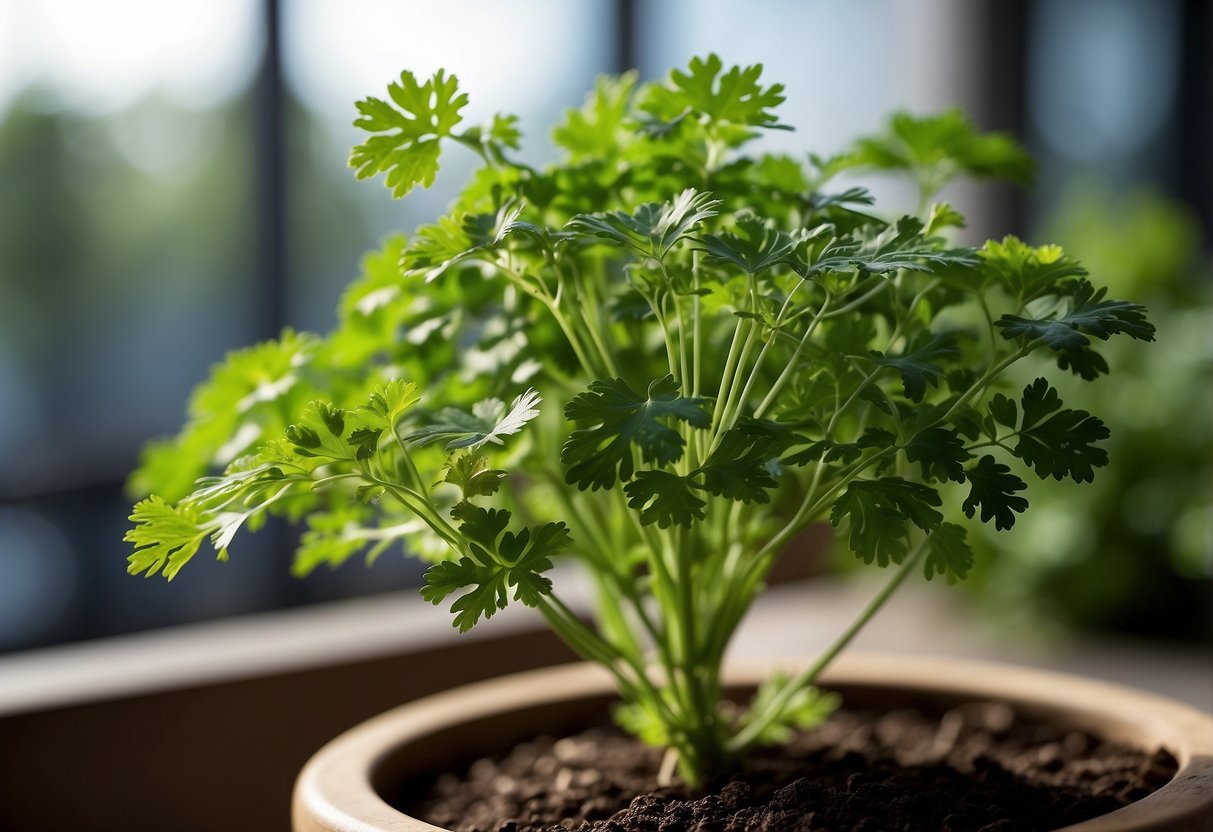 A vibrant green plant resembling parsley stands tall, with delicate, feathery leaves and a slender stem
