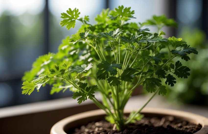 A vibrant green plant resembling parsley stands tall, with delicate, feathery leaves and a slender stem