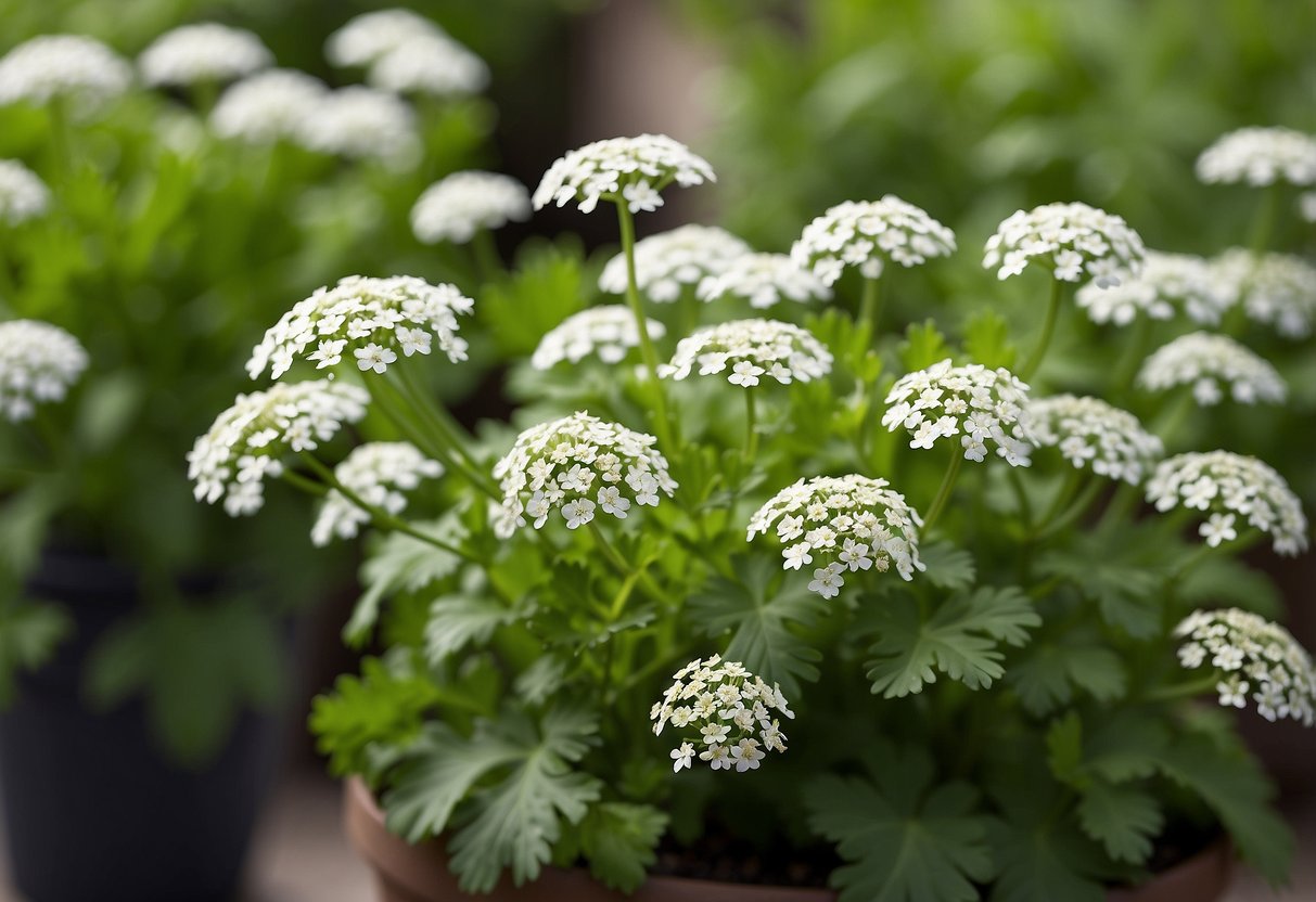 A parsley plant with vibrant green leaves and small white flowers, growing in a garden or pot