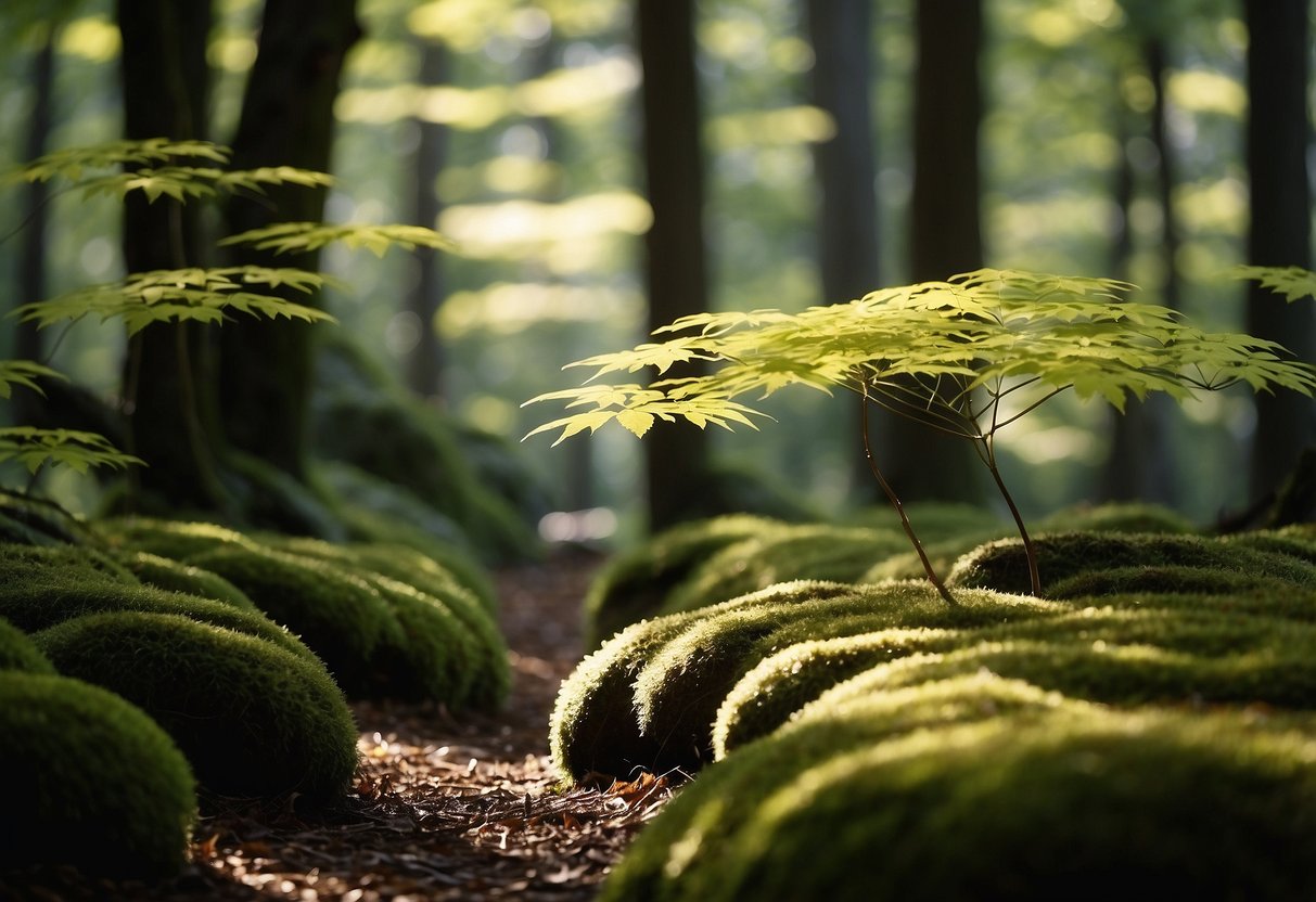 Vibrant Japanese maple trees sway in the gentle breeze, their delicate leaves casting dappled shadows on the mossy forest floor