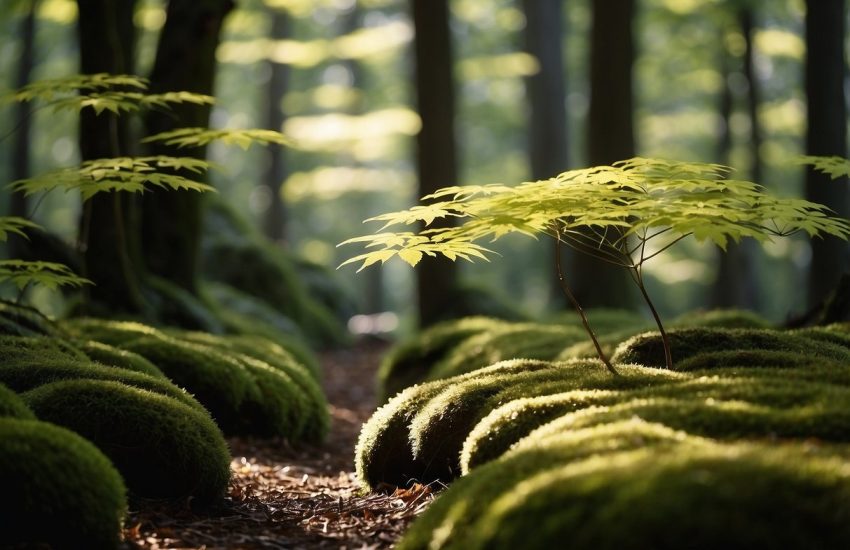Vibrant Japanese maple trees sway in the gentle breeze, their delicate leaves casting dappled shadows on the mossy forest floor