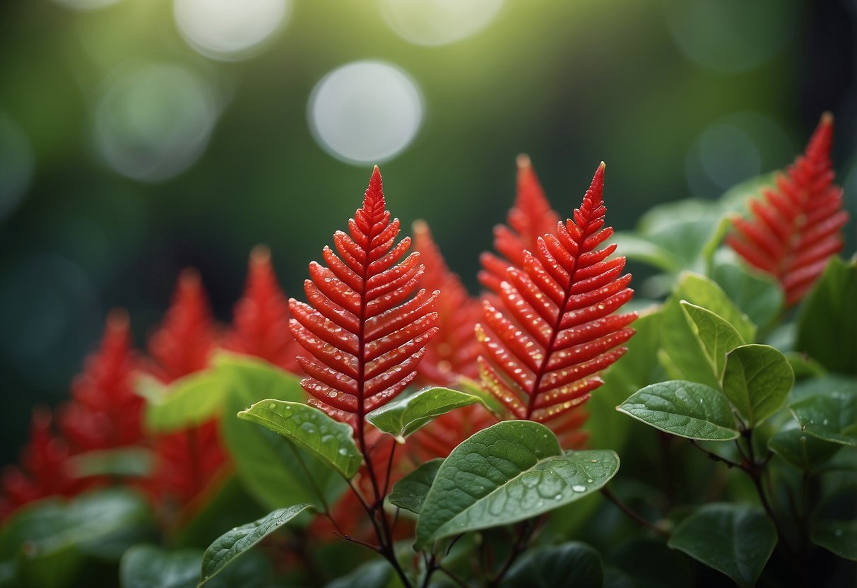 A cluster of small, delicate leaves with serrated edges, vibrant red and green colors, and a graceful, cascading growth pattern