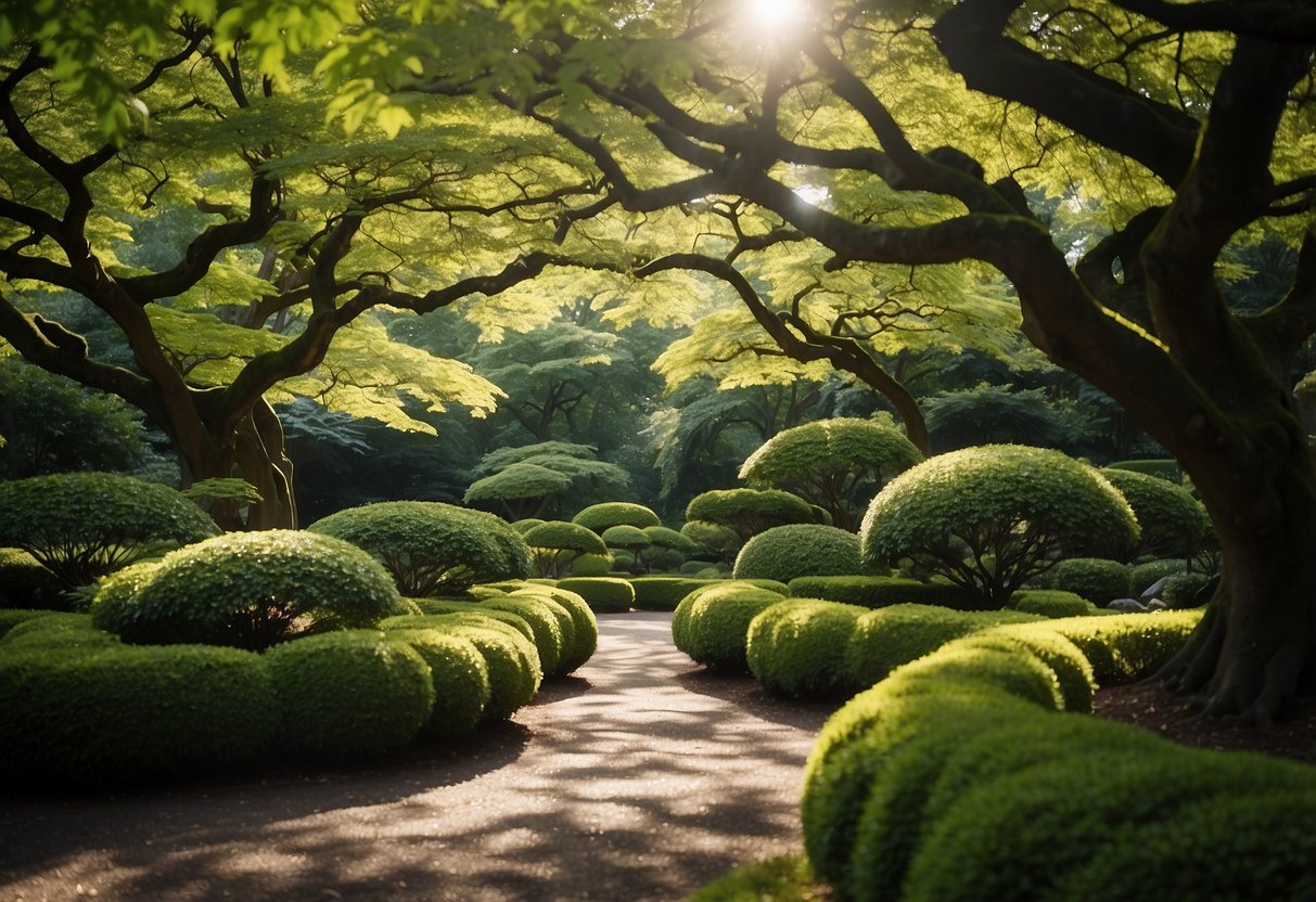 A serene garden with carefully pruned Japanese maple trees, surrounded by lush greenery and dappled sunlight